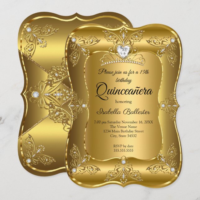 Invitación Quinceanera Fiesta de Cumpleaños Diamante de Oro T (Anverso / Reverso)