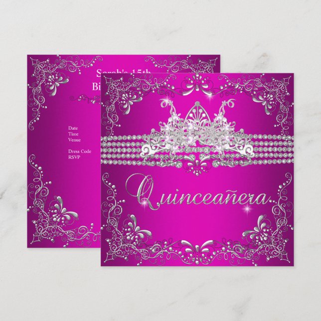 Invitación Quinceanera Fiesta de cumpleaños Plata Rosada Cali (Anverso / Reverso)