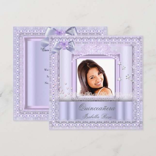 Invitación Quinceanera Fiesta de encaje púrpura foto Lilac (Anverso / Reverso)
