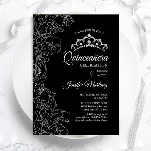 Invitación Quinceanera Fiesta de floral blanca negra