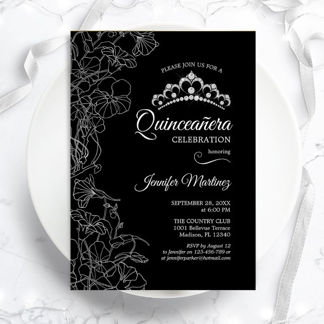 Invitación Quinceanera Fiesta de floral blanca negra (Subido por el creador)