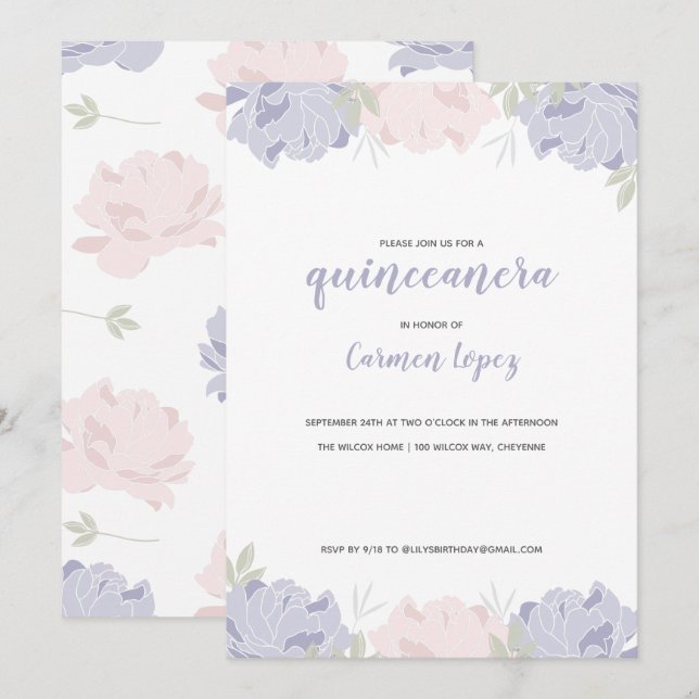 Invitación Quinceanera Fiesta de Peonies Rosados y Morados (Anverso / Reverso)