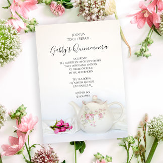 Invitación Quinceanera Fiesta de tetera y rosa
