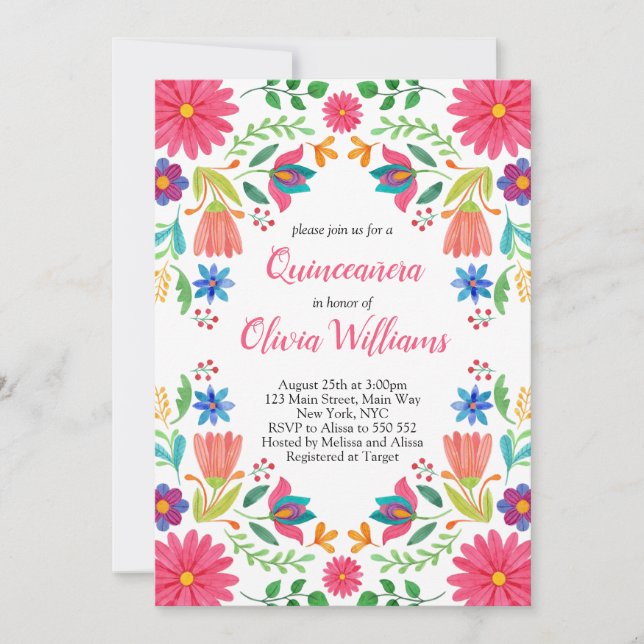 Invitación Quinceanera Fiesta Floral Mexicana Pink Cumpleaños (Anverso)