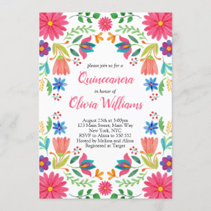 Invitación Quinceanera Fiesta Floral Mexicana Pink Cumpleaños