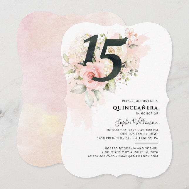 Invitación Quinceanera Fiesta Floral Rosa 15º cumpleaños (Anverso / Reverso)