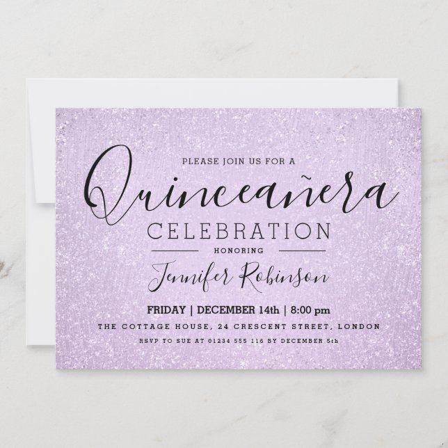 Invitación Quinceanera Fiesta Lavender Purpurina Look Paint (Anverso)