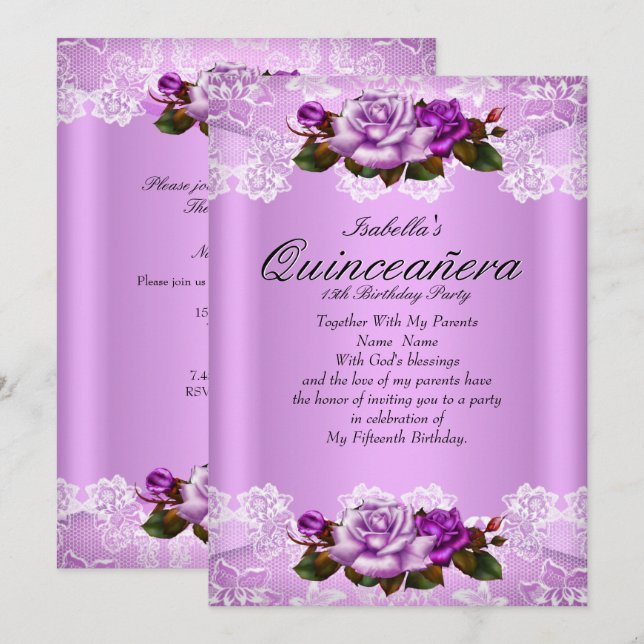 Invitación Quinceanera Fiesta Lilac Púrpura Roses Rosa Lace (Anverso / Reverso)
