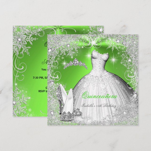 Invitación Quinceanera Fiesta Lime Green Silver Snowflakes (Anverso / Reverso)