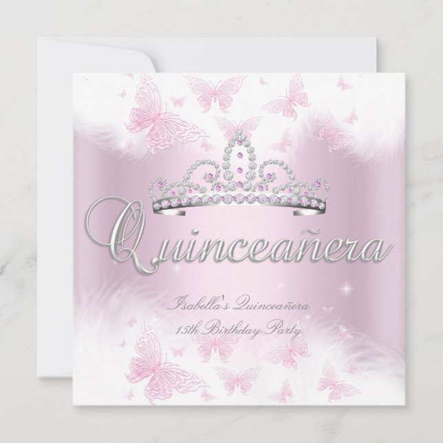 Invitación Quinceanera Fiesta Mariposa Tiara Blanco Rosa (Anverso)