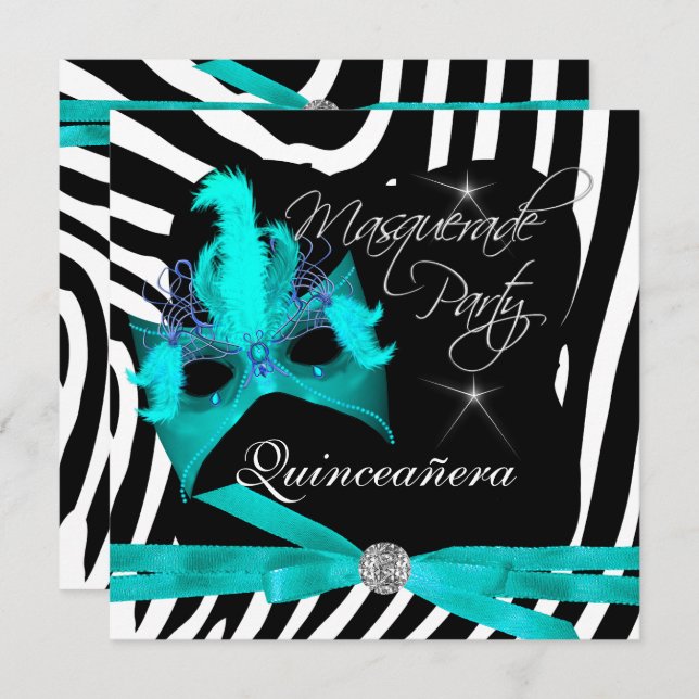 Invitación Quinceanera Fiesta Masquerade Cebra Verde azulada (Anverso / Reverso)