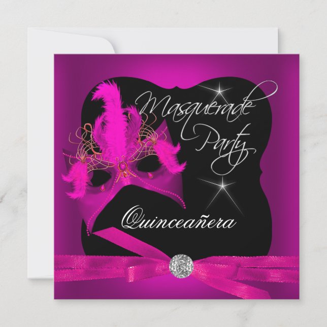 Invitación Quinceanera Fiesta Masquerade Pink Black (Anverso)