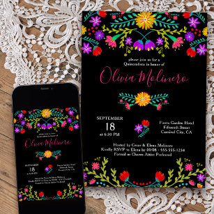 Invitación Quinceanera Fiesta Mexicana Colorida Floral Negro