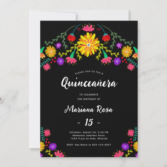 Invitación Quinceanera Fiesta Mexicana Cumpleaños Floral (Anverso)