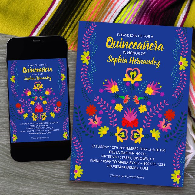 Invitación Quinceanera Fiesta mexicana flor azul cumpleaños (Quinceanera Invitation from my Mexican Fiesta Party collection available printed or printable downlo)