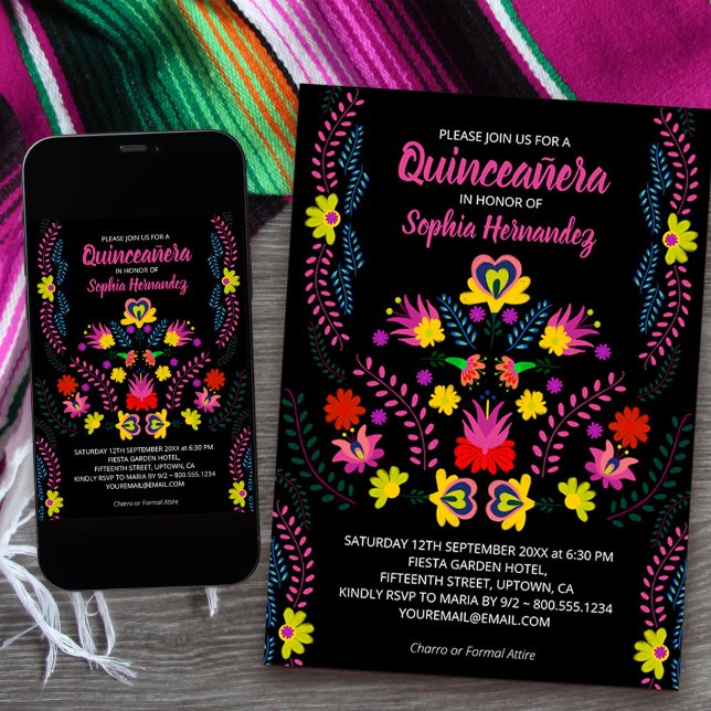 Invitación Quinceanera Fiesta mexicana flor cumpleaños negro (Quinceanera Invitation from my Mexican Fiesta Party collection
available printed or download)