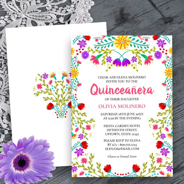Invitación Quinceanera Fiesta Mexicana Floral 15 cumpleaños (Quinceanera Invitation from my Mexican Fiesta Flowers Quinceanera Collection -printed or digital)