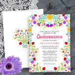 Invitación Quinceanera Fiesta Mexicana Floral 15 cumpleaños<br><div class="desc">Elegante y bonito Invitación Quinceanera para la celebración de los 15 años de tu hija. Este tema mexicano de Quinceañera presenta coloridas flores de arte folclórico mexicano en rojo, rosa, morado y amarillo sobre un fondo blanco. La parte trasera de la tarjeta tiene un ramo de bonito hecho de las...</div>