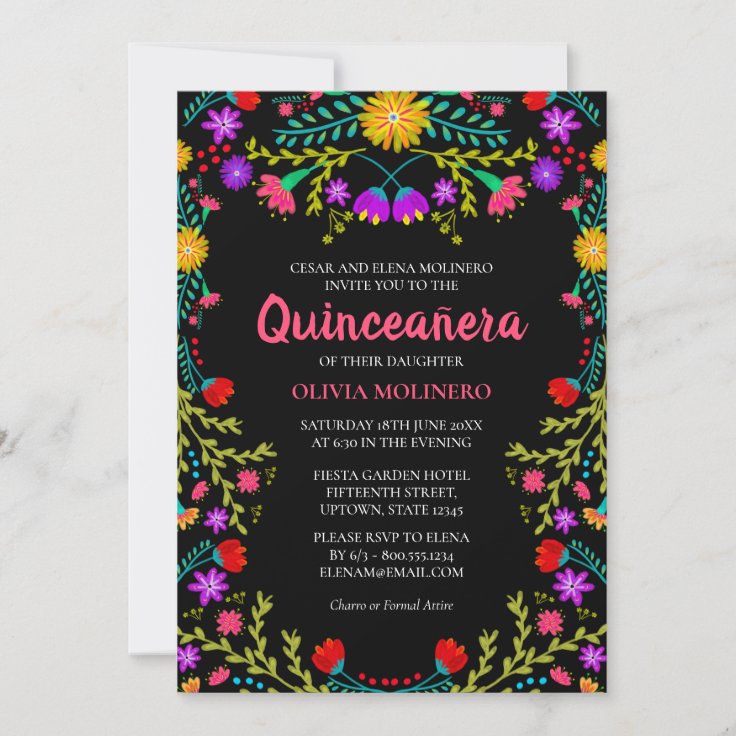 Invitación Quinceanera Fiesta Mexicana Floral Nacimiento Negr 