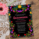 Invitación Quinceanera Fiesta Mexicana Floral Nacimiento Negr<br><div class="desc">Vibrante y bonito Invitación Quinceanera para la celebración del 15º cumpleaños de su hija. Este tema mexicano de la quinceañera presenta coloridas flores de arte folclórico mexicano en rojo, rosa, morado y amarillo sobre un fondo negro. La parte trasera de la tarjeta tiene un ramo de flores de flores de...</div>