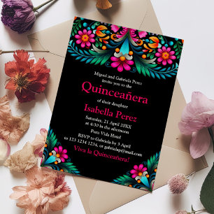 Invitación Quinceañera Fiesta Mexicana Floral Vibrante Negra