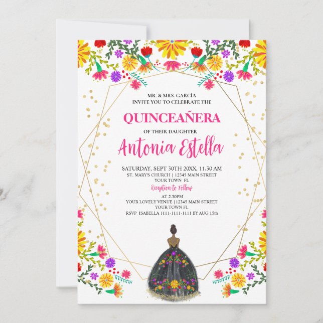 Invitación Quinceanera Fiesta Mexicana Vestido Princesa Negra (Anverso)