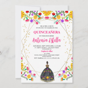 Invitación Quinceanera Fiesta Mexicana Vestido Princesa Negra