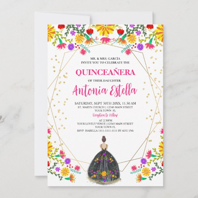 Invitación Quinceanera Fiesta Mexicana Vestido Princesa Negra (Anverso)