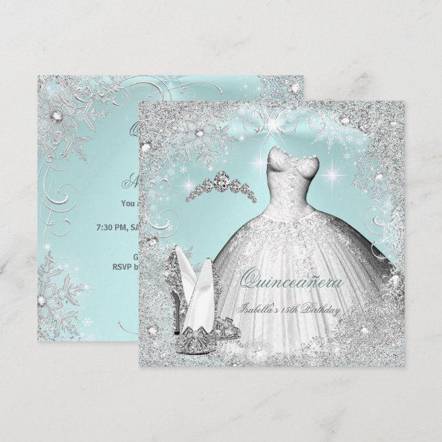 Invitación Quinceanera Fiesta Mint Blue Silver Copos de nieve (Anverso / Reverso)