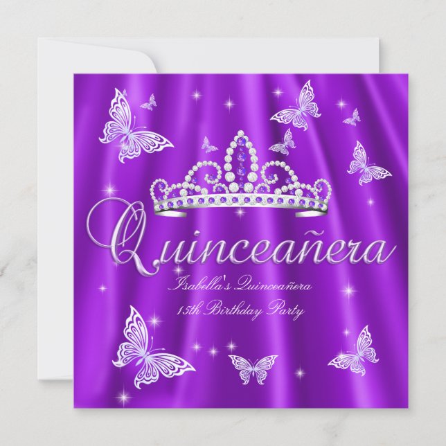 Invitación Quinceanera Fiesta Morado Tiara Mariposa (Anverso)