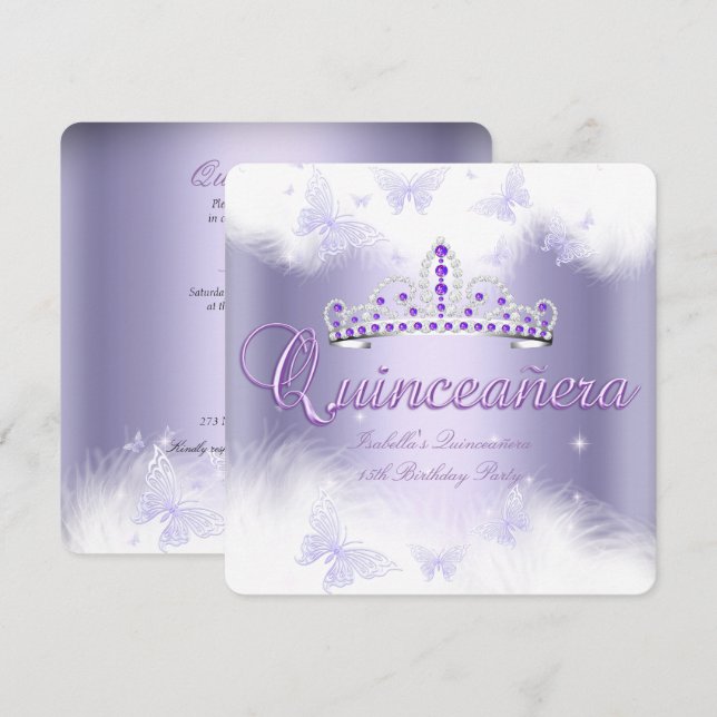 Invitación Quinceanera Fiesta Morado Tiara Mariposa (Anverso / Reverso)