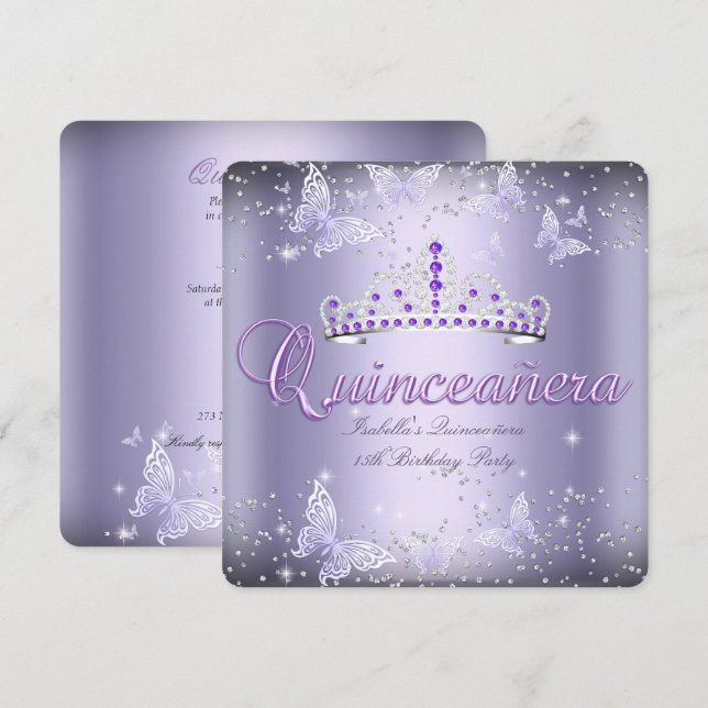 Invitación Quinceanera Fiesta Morado Tiara Mariposa 2 (Anverso / Reverso)