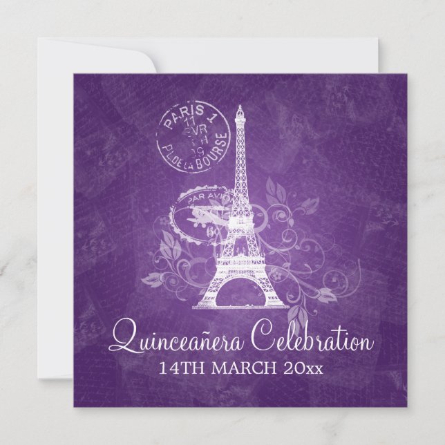 Invitación Quinceañera Fiesta Paris Purple (Anverso)