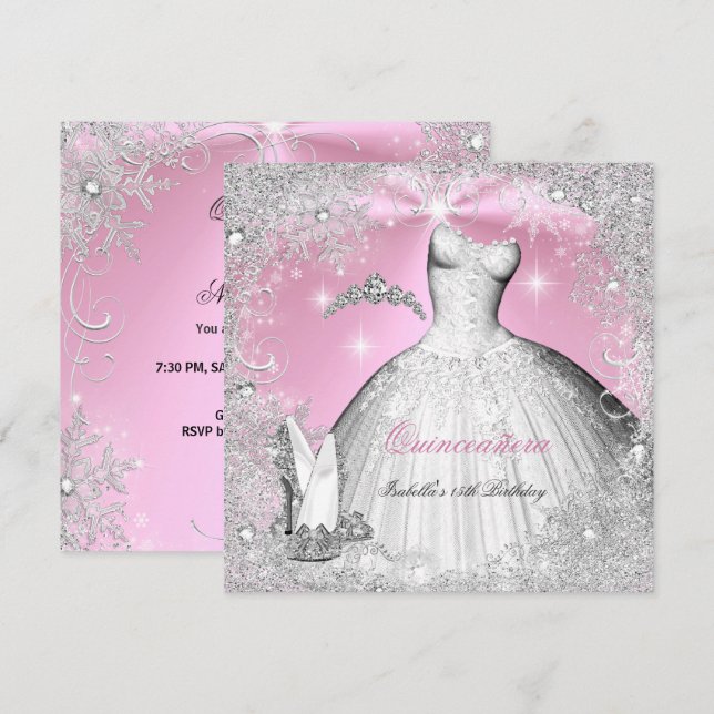 Invitación Quinceanera Fiesta Plata Rosa Invierno Copos de Ni (Anverso / Reverso)