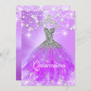 Invitación Quinceanera Fiesta Púrpura Esparkle Tiara Stars