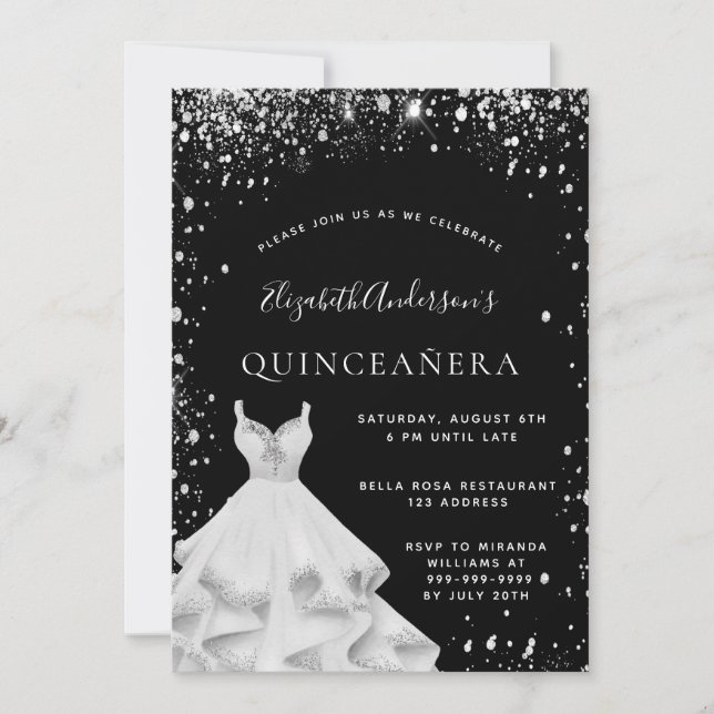 Invitación Quinceanera fiesta purpurina negro vestido de polv (Anverso)