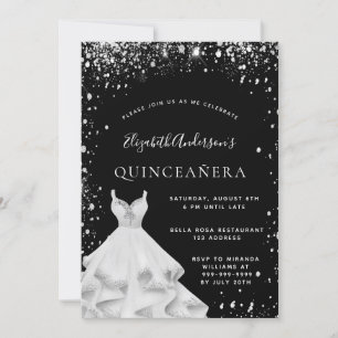 Invitación Quinceanera fiesta purpurina negro vestido de polv