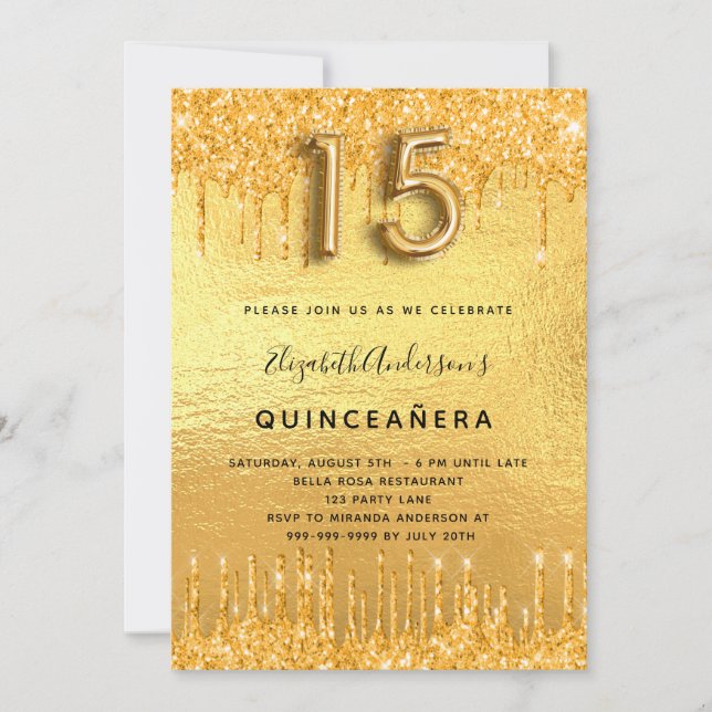 Invitación Quinceanera fiesta purpurina oro gotea glam (Anverso)