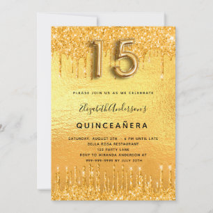 Invitación Quinceanera fiesta purpurina oro gotea glam