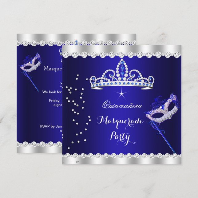 Invitación Quinceanera Fiesta Real Tíara Azul Mascarada (Anverso / Reverso)