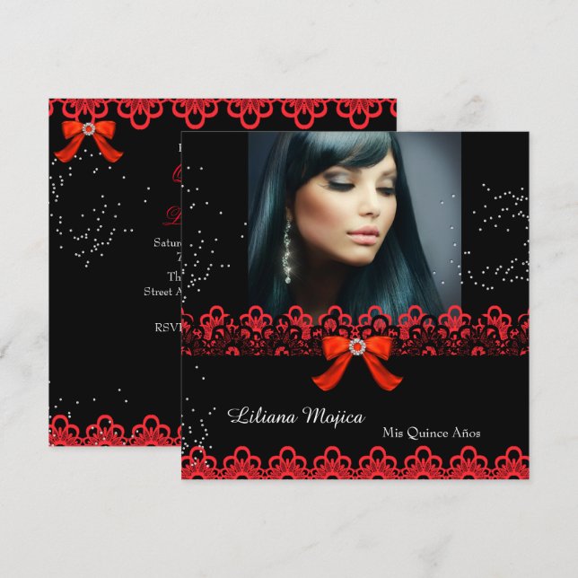 Invitación Quinceanera Fiesta Red Lace Jewar Bow 2 (Anverso / Reverso)