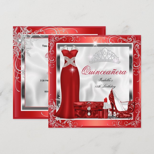 Invitación Quinceanera Fiesta Rojo Plata Vestidos Tallos S5 (Anverso / Reverso)