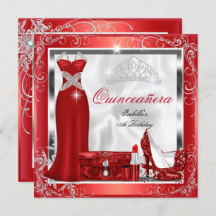 Invitación Quinceanera Fiesta Rojo Plata Vestidos Tallos S5