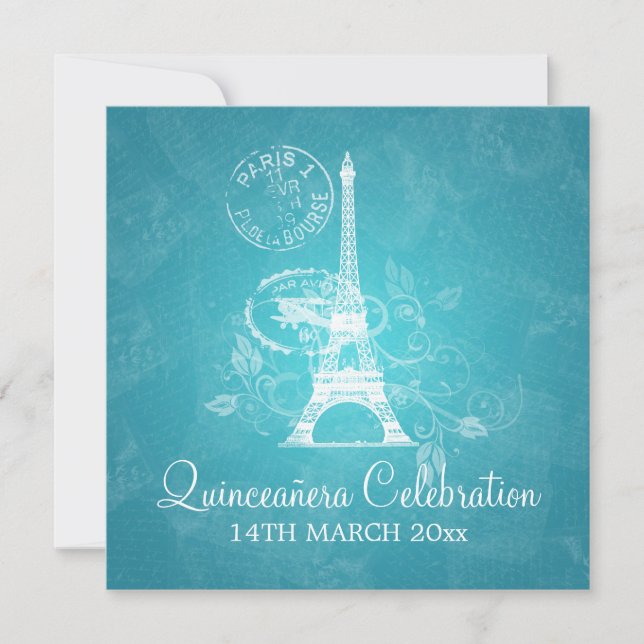 Invitación Quinceañera Fiesta Romántico París Azul (Anverso)