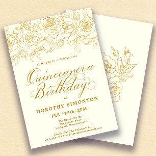 Invitación Quinceanera Fiesta Rosa de oro Floral Marfil Blanc