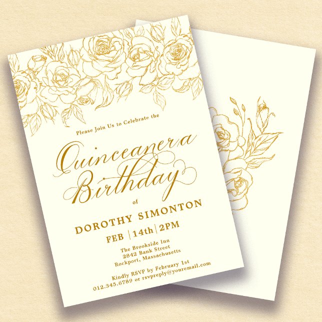 Invitación Quinceanera Fiesta Rosa de oro Floral Marfil Blanc (Subido por el creador)
