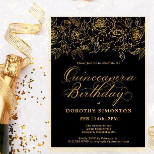 Invitación Quinceanera Fiesta Rosa de oro Floral Negro