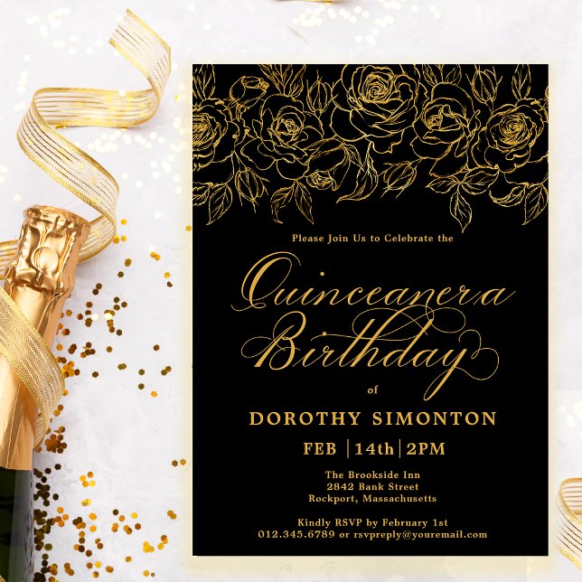 Invitación Quinceanera Fiesta Rosa de oro Floral Negro (Subido por el creador)