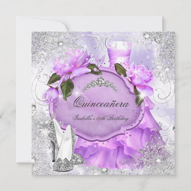Invitación Quinceanera Fiesta Rosa Purple Lilac Copos de niev (Anverso)