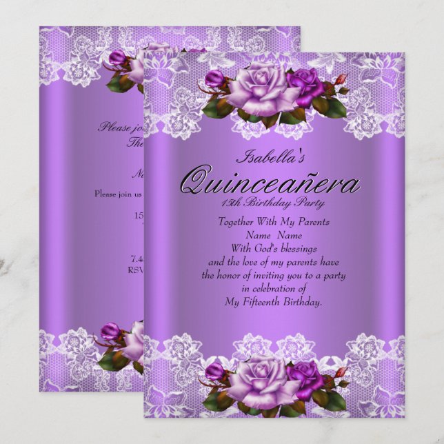 Invitación Quinceanera Fiesta Rosa Púrpura Rosa Rosa Blanca L (Anverso / Reverso)
